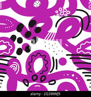 Seamless vector Scandinavian pattern. Violet tangled lines with white and black dots, strokes, lines, waves, zigzags, circles on a white background. M Stock Vector