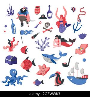Sea and marine life, pirates and underwater life Stock Vector