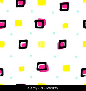 Seamless pattern. Black hand-drawn squares on a white background with yellow, blue and pink accents. Scandinavian cozy Vector geometric illustration w Stock Vector
