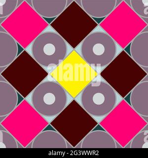 Seamless psychedelic pattern. Mosaic geometric colored background with squares, rhombuses, circles, diagonals. Decorative tile image. Vector stock ill Stock Vector