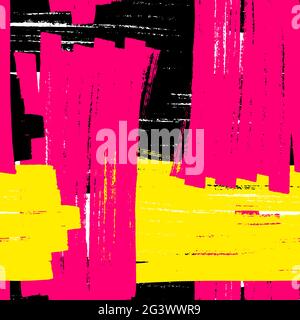 Seamless vector grunge pattern. Colored brush strokes on white background. Yellow, black, pink swatch highlighter marker. Stock graffiti illustration Stock Vector