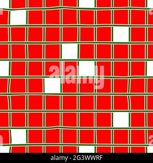 Seamless festive checkered pattern. Red and white squares with a green cell. Hand-drawn colored tiles. Abstract cute image. Vector stock illustration Stock Vector