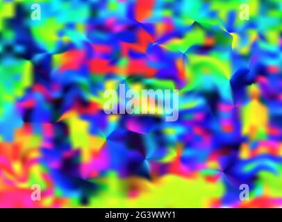 Tie-dye background. Multicolor psychedelic ornament in 60s 70s style. Blue, yellow, green, red spots and stains. Bokeh Paint banner. Blurred image wit Stock Vector