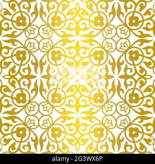 Seamless vector gold pattern. Crimson curls, weave, flowers on white background. Bright luminous ornament in the Art Deco style for wallpaper, textile Stock Vector