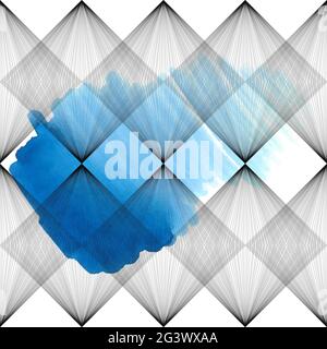 Abstract vector seamless pattern. Parallel lines and squares on white background with watercolor blue stain. Visual effect. Stock illustration for wal Stock Vector