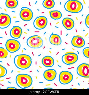 Seamless donut pattern. Stylized hand-drawn donuts isolated on white background. Colored confetti, circles, sweet food, sprinkles. Vector illustration Stock Vector