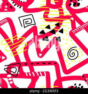 Seamless vector Scandinavian pattern. Pink tangled lines with white and black dots, strokes, lines, triangles, zigzags, circles on a white background. Stock Vector