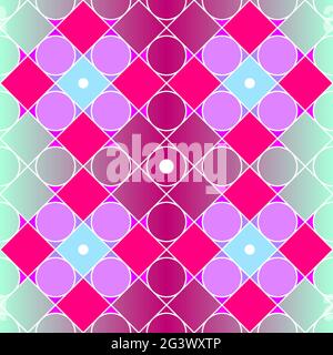 Seamless vector gradient pattern. Bright circles, rhombuses with white lines. Smooth color transition image. Vector colorful illustration for wallpape Stock Vector