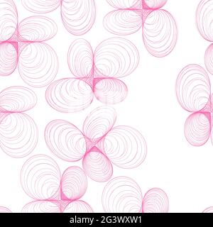 Abstract geometric seamless pattern. Floral ornament of ovals and circles. Stylized pink flower, sakura. Plant outline isolated on a white background. Stock Vector