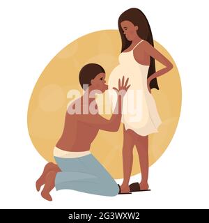 Young black couple in love waiting for the birth of a baby. The man is on his knees and kisses his pregnant wife on the stomach. Happy pregnancy and m Stock Vector