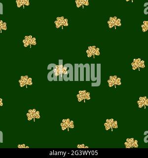 Glitter seamless plants pattern. Golden clover with three leaves on a green background. Symbol of good luck, success, money, St. Patrick's Day. Vector Stock Vector