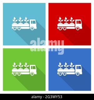 Truck, plants and trees delivery icon set, vector illustration in eps 10, web buttons in 4 colors options Stock Vector