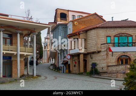 Traditional houses on narrow winding streets of Sighnaghi Stock Photo