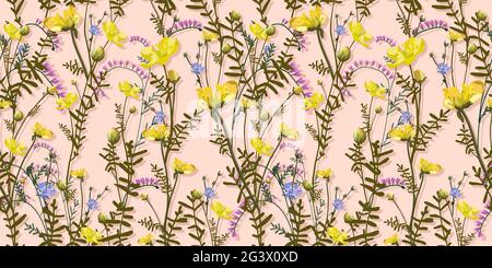 summer designs. Yellow wildflowers. Summer seamless pattern for fabric and textile design. Digital paper with pink flowers. Vintage pattern, great des Stock Vector