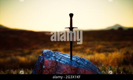 famous sword excalibur of King Arthur stuck in rock. Edged weapons from ...