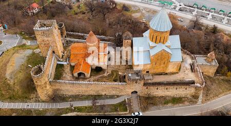 View from drone of ancient Ananuri Castle complex, Georgia Stock Photo