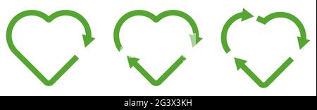 Collection of recycle heart symbol. Black heart shape recycle icons. Eco friendly concept. Vector illustration isolated on white background Stock Vector