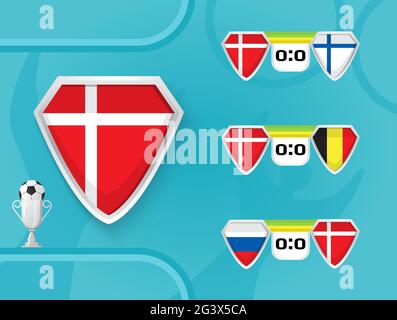 Schedule of national football team of Denmark matches in the European Championship 2020. Shields with the flag of Denmark, Finland, Belgium, Russia. Stock Vector