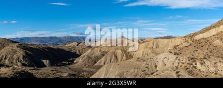 A panorama view of the Tabernas desert in Andalusia Stock Photo