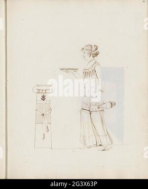 Woman with a bowl and can be done at an altar. The woman is wearing a tunic and is at the altar that has a base with an ionic capital. Probably signed to classical example. Leaf 25 Recto from a sketchbook with 91 sheets. Stock Photo