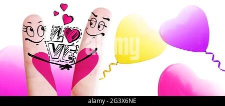 Happy finger couple in love with heart shaped air balloon. 3d Illustration. Stock Photo