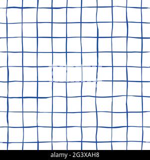 Ink doodle check seamless pattern for sheet of paper. Hand drawn lines with a pen. Blue repeat background. For fabric, wrapping, invitations, card, scrapbooking or wallpaper. Stock Vector