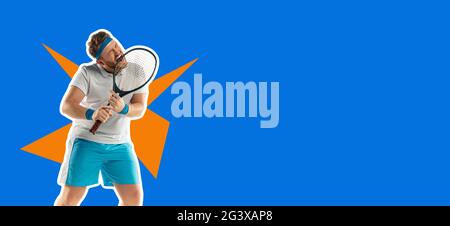 Angry. Highly tensioned game. Funny emotions of professional tennis player isolated on color studio background. Stock Photo