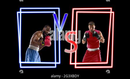 Professional african-american and caucasian two boxers training on black studio background in neon light effect. Stock Photo