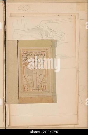 Design for a mural in the building of the general society of life insurance and annuity in Amsterdam. Standing woman with arms raised in the middle of two burning fire pits. Loose drawing between the front bract and sheet 1 from a sketchbook with 33 sheets. Stock Photo