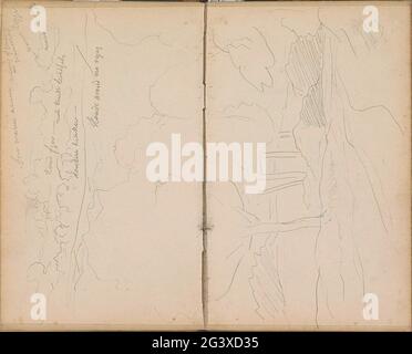 Landscape with trees along a country road. Leaf 16 Verso and 17 recto from a sketchbook with 73 sheets. Stock Photo