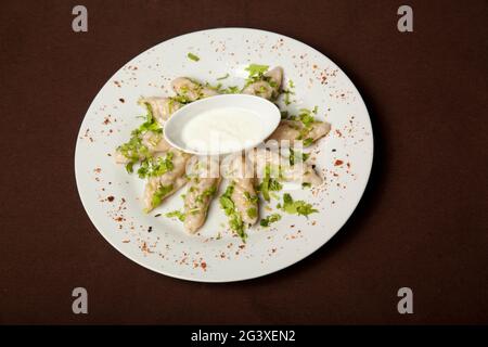 Fresh Salad With Chicken And Farm Vegetables. Traditional Mediterranean 