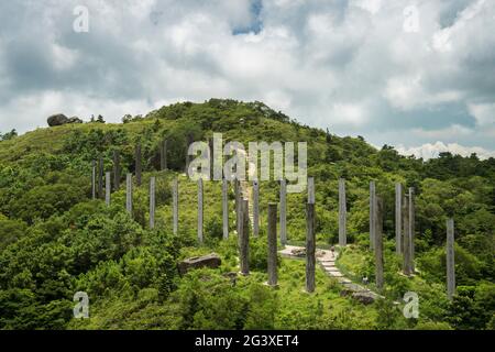 The Wisdom Path, an installation carved with the Buddhist Heart Sutra, near the Tian Tan Buddha on Lantau Island, Hong Kong Stock Photo