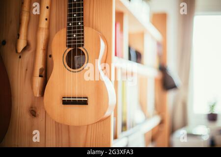 Ukulele: Close up of ukulele and flutes, ready to play, hanging on a wooden bookshelf Stock Photo