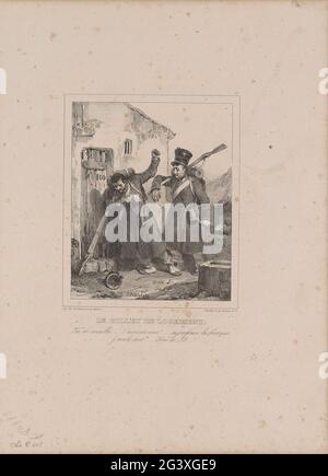 Inkwartiering, 1832; Le Billet the Logment; Souvenirs de l'Armée du Nord. Two French soldiers at the door of a house for their inkwartiering. At the time of the siege of the Citadel of Antwerp, November-December 1832. Part of a series of twenty blades from 1833 with representations of the military intervention of the French Northern Army in Belgium in 1832. Stock Photo