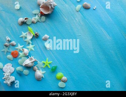 Seashells summer background. Many different seashells, starfish on a background of turquoise paint strokes. Place for text. Stock Photo