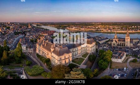 Amboise (central France): aerial view of the castle and the town on the banks of the Loire river. The castle is situated in the Loire Valley which is Stock Photo