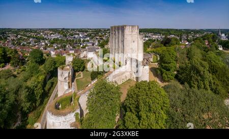 Loches (central western France): aerial view of the donjon, the fortifications and the Royal City, a complex of heritage, classified as historical mon Stock Photo