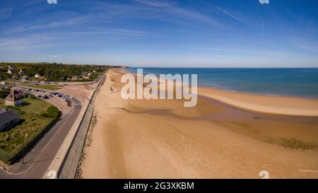 Saint Laurent sur Mer (Normandy, north western France): aerial view of Omaha Beach, where American, British and Canadian forces landed on June 6, 1944 Stock Photo