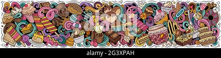 Sweets hand drawn cartoon doodles illustration. Desserts funny objects and elements poster design. Creative background. Colorful vector banner Stock Vector