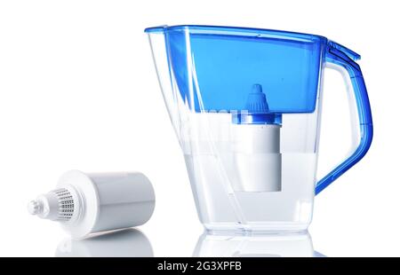 Water filter plastic jug with a new replaceable cartridge with reflections isolated on the white background Stock Photo