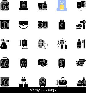 Travel size objects black glyph icons set on white space Stock Vector