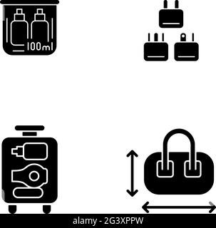 Portable travel essentials black glyph icons set on white space Stock Vector