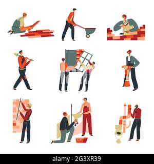 Builders on building site, construction works Stock Vector