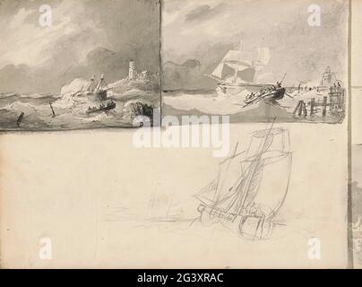 Three seascapes. Two studies of ships (in need) for a coast and from a sailing ship at sea. Leaf 15 Verso from a sketchbook with 44 sheets. Stock Photo