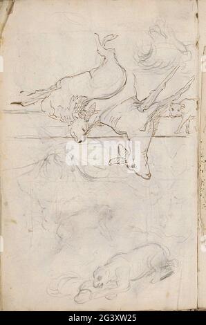 Dead deer on a plinth. Also studies of animals. Leaf 10 Verso from a sketchbook with 15 sheets. Stock Photo