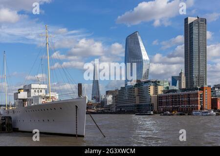 LONDON, UK - MARCH 11 : HMS Wellington moored on the River Thames in London on March 11, 2019 Stock Photo