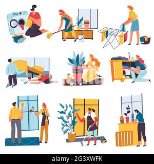 Housework done by family, chores at home vector Stock Vector