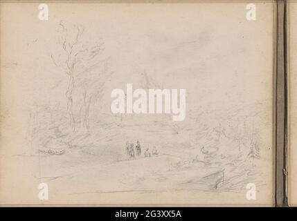 Landscape with figures on a path. A building in the background. Leaf 20 Verso from a sketchbook with 27 loose sheets. Stock Photo