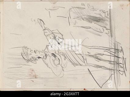 Guitar player with hat on a stage. The man plays the guitar or a related string instrument. Possible in Theater Scala in The Hague. Schutblad B, rear bract, from sketchbook I with 26 sheets. Stock Photo