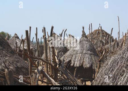 Ethiopia; Southern Nations Region; southern Ethiopian highlands; Kolcho village on the Omo River; Straw huts in traditional architectural style; small Stock Photo